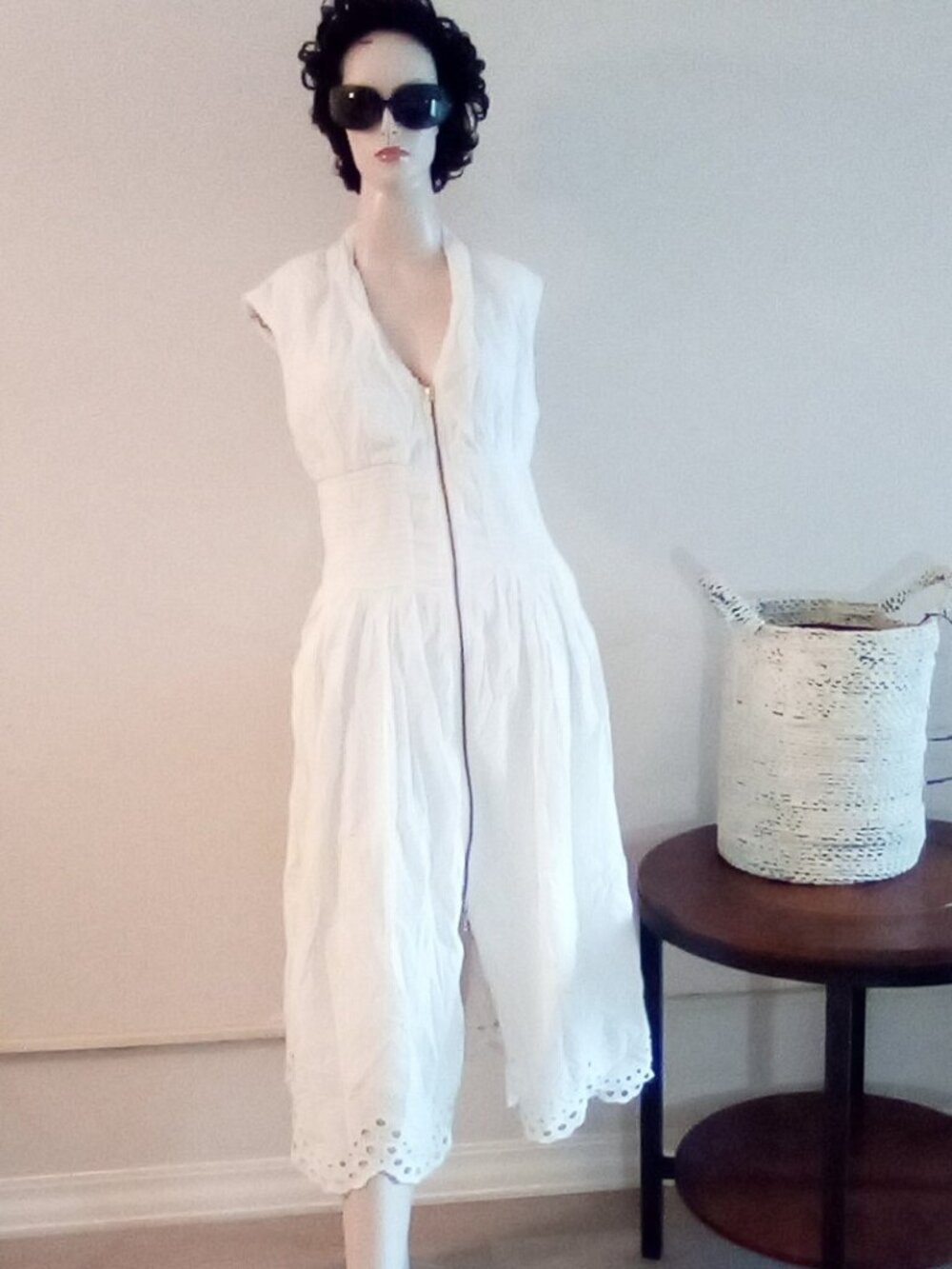 Anthropologie Tommie Cap White Dress Nuuly  Smocked Eyelet Zip Pockets Sz S NWT